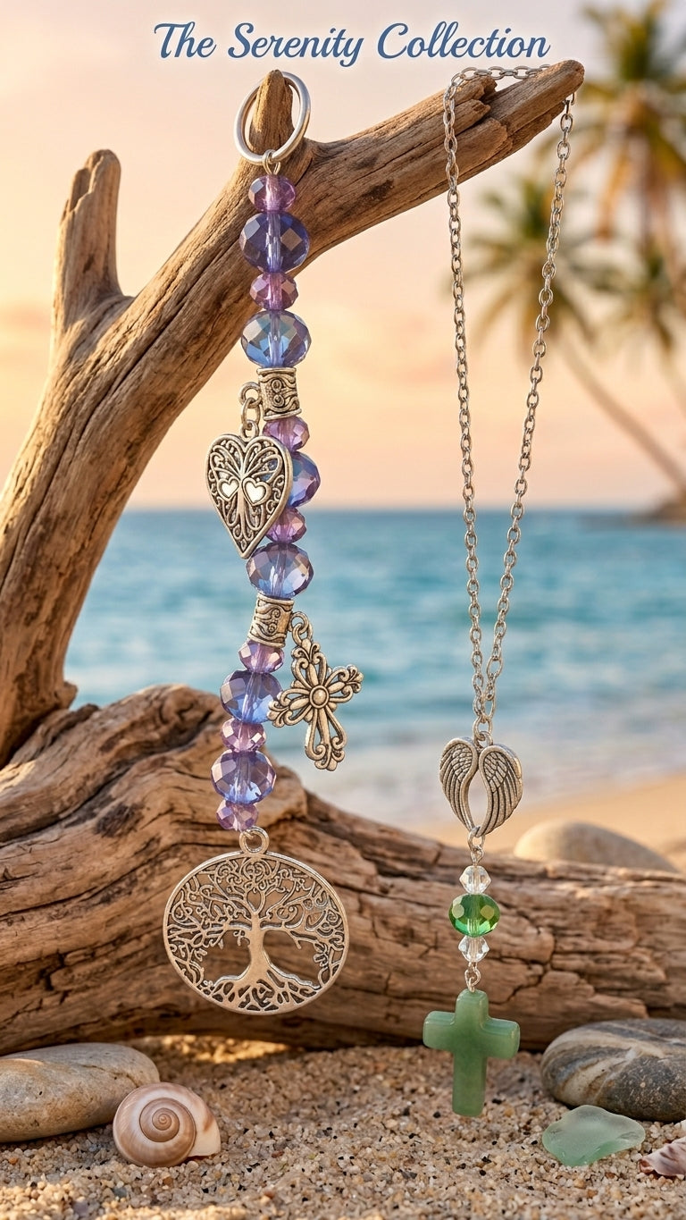 The Serenity Collection - Wings of Faith Car Charm and Mini Sun Catcher on coastal driftwood
