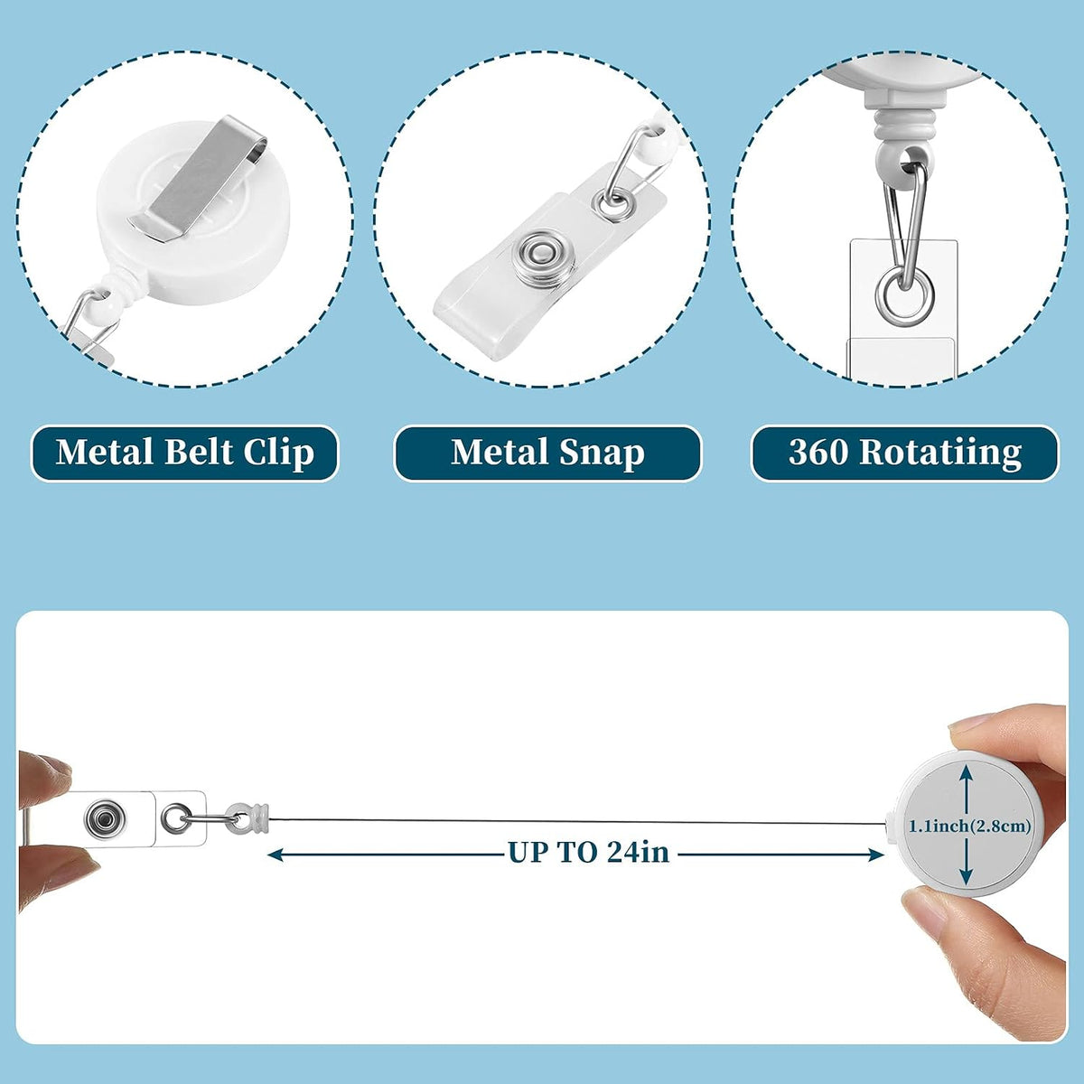 Sublimation Retractable Badge Reel - Metal Belt Clip, 360 Rotating, 24 inch cord