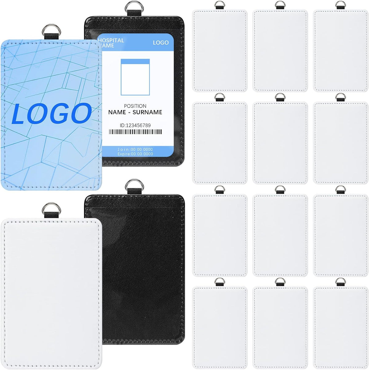 Sublimation ID Badge Holder - Vertical faux leather with clear window and D-ring