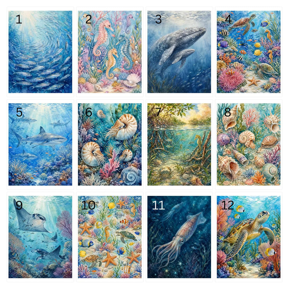 Ocean Life sublimation design sheet 1 featuring designs 1-12 including fish, seahorses, whale and sea turtle