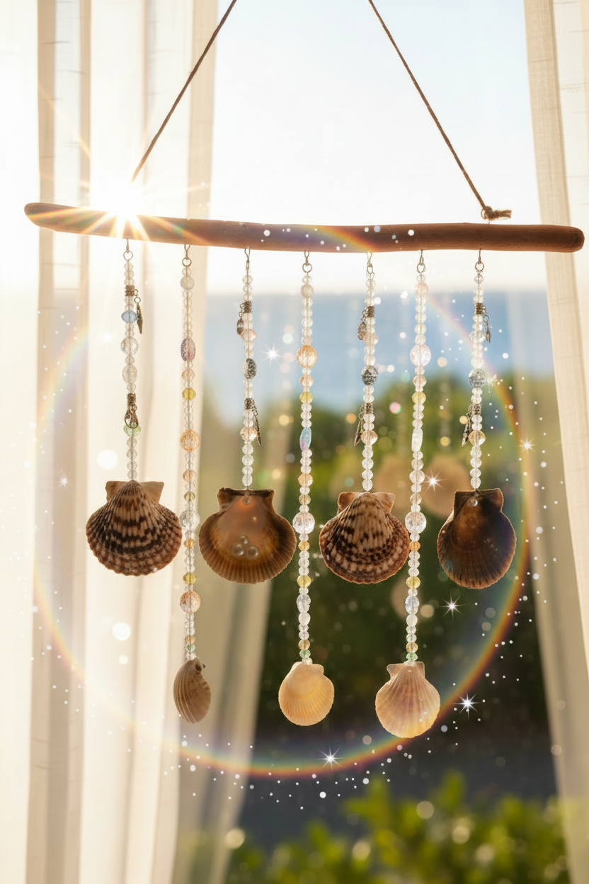 Large coastal shell sun catcher with driftwood, scallop shells and crystal beads in a sunny window