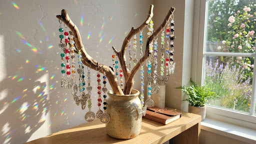 Handcrafted Mini Suncatchers hanging from a driftwood branch with colorful beads and rainbow light reflections
