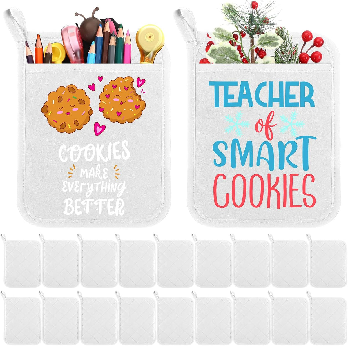 Sublimation pot holder with pocket showing custom design examples